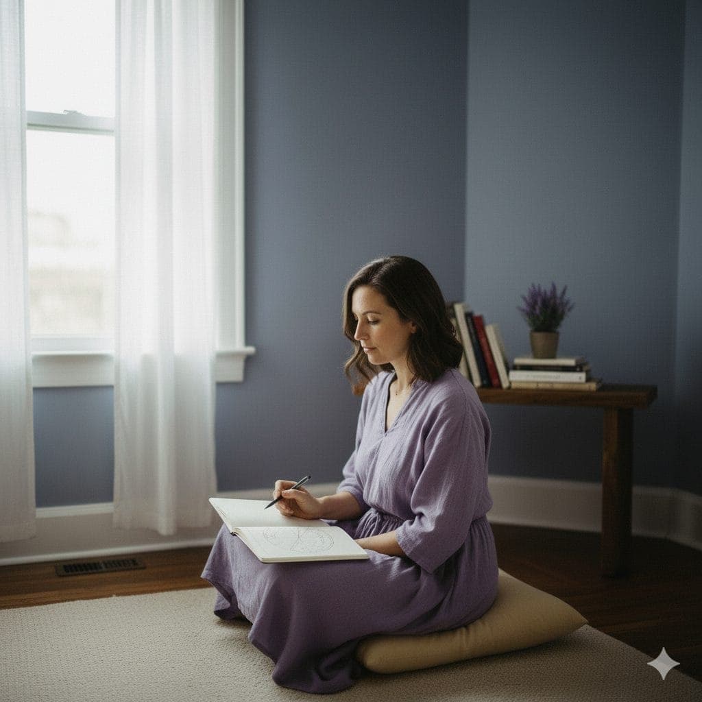 Une femme écrit dans un carnet, assise dans un intérieur paisible
